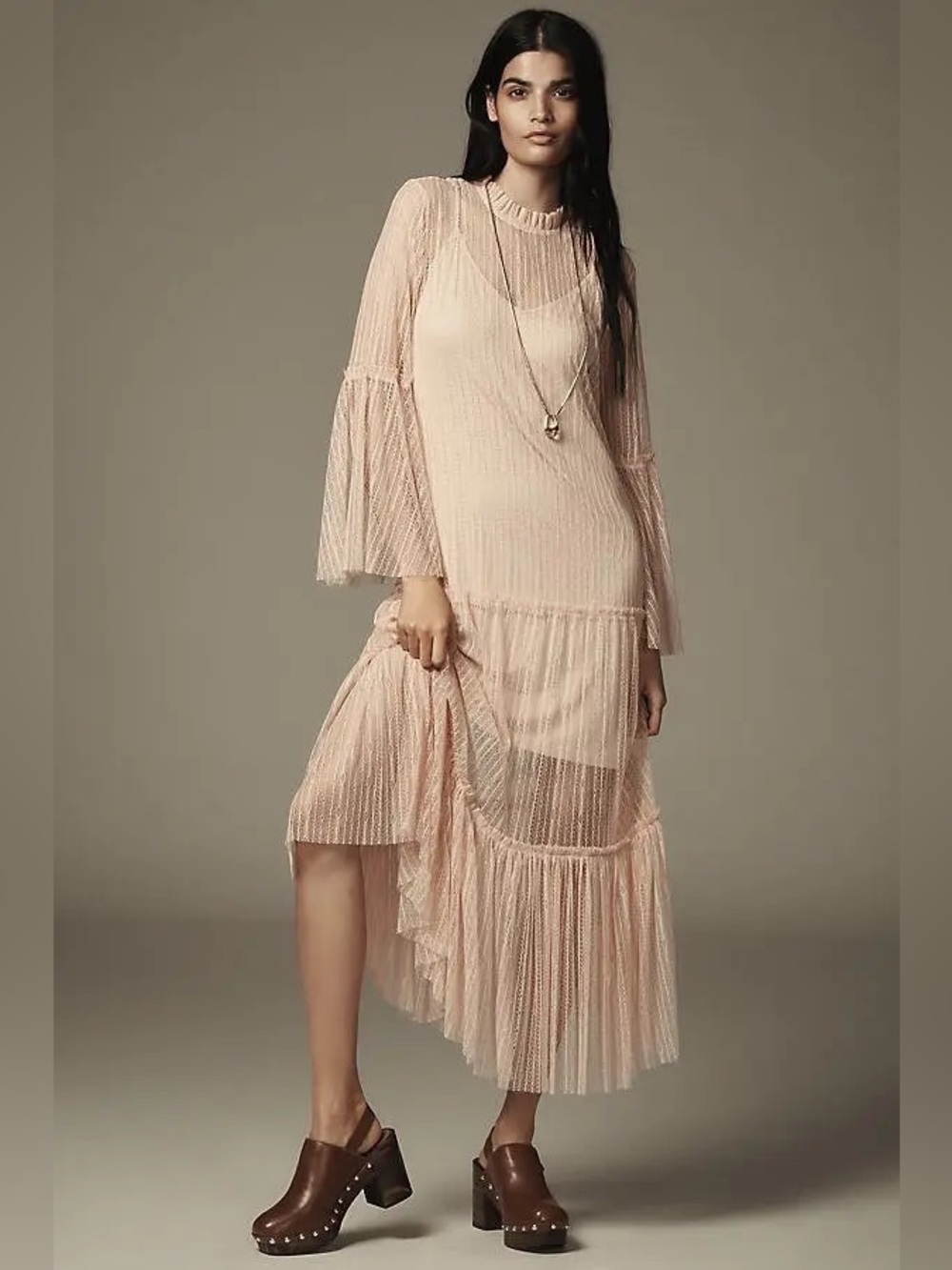 Anthropologie Blush Pink Sheer Pleated Maxi Dress / Tunic